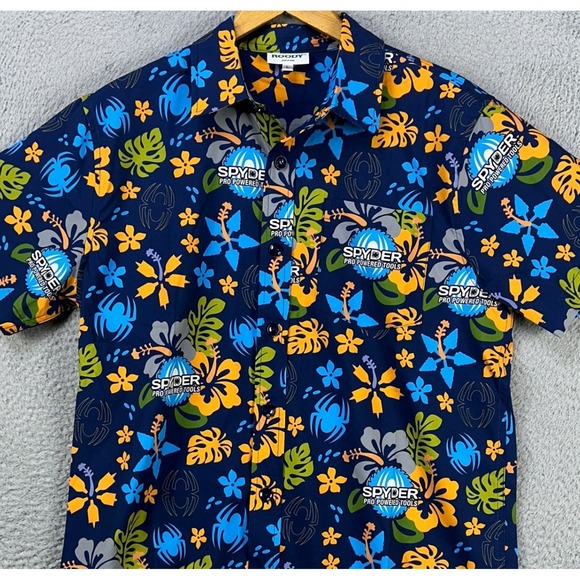 Roody Spyder Mens Hawaiian Shirt Large Blue Floral Button Up Pocket Short Sleeve - Picture 1 of 8